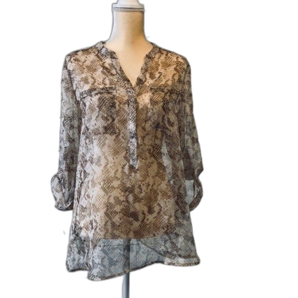 APT 9 Snake Skin Sheer Blouse Women’s Large Brown Animal Print Lightweight Top